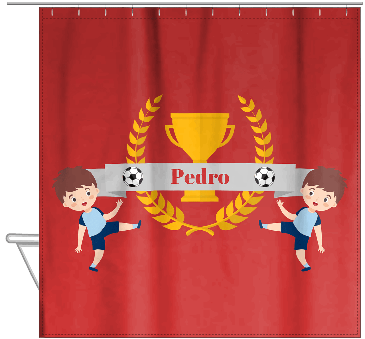 Personalized Soccer Shower Curtain XXIX - Red Background - Brown Hair Boy II - Hanging View
