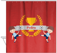 Thumbnail for Personalized Soccer Shower Curtain XXIX - Red Background - Brown Hair Boy II - Hanging View