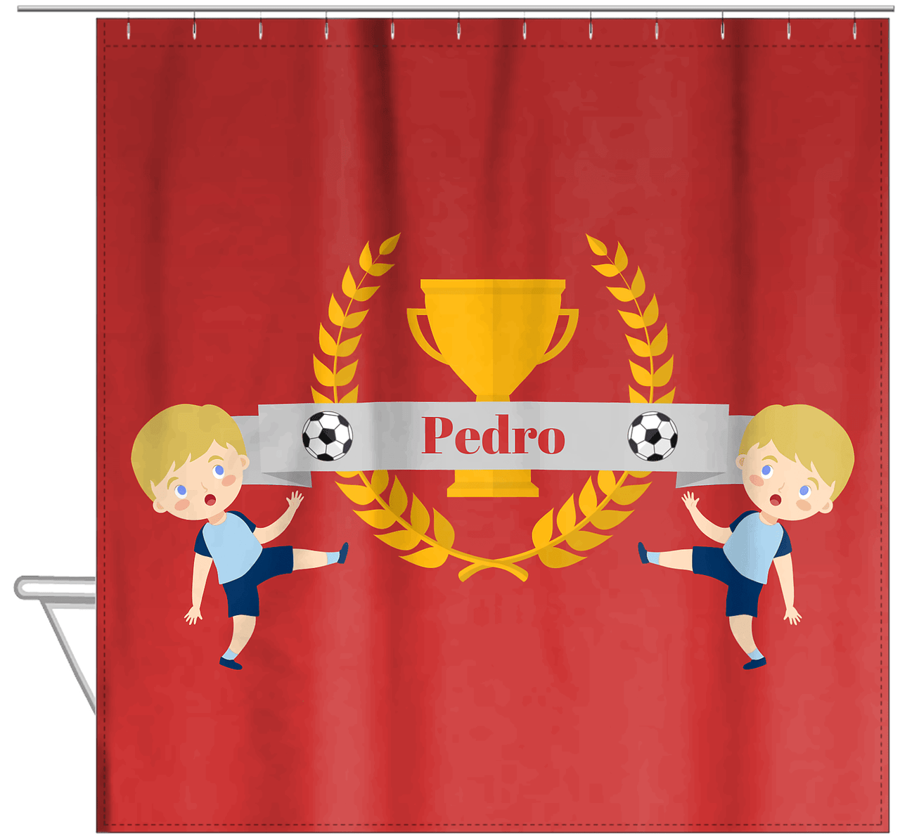 Personalized Soccer Shower Curtain XXIX - Red Background - Blond Boy I - Hanging View