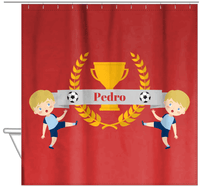 Thumbnail for Personalized Soccer Shower Curtain XXIX - Red Background - Blond Boy I - Hanging View