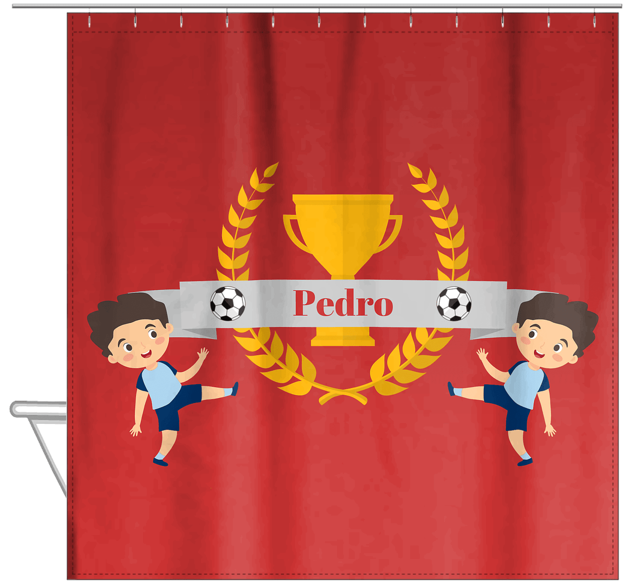 Personalized Soccer Shower Curtain XXIX - Red Background - Black Hair Boy - Hanging View