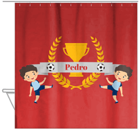 Thumbnail for Personalized Soccer Shower Curtain XXIX - Red Background - Black Hair Boy - Hanging View