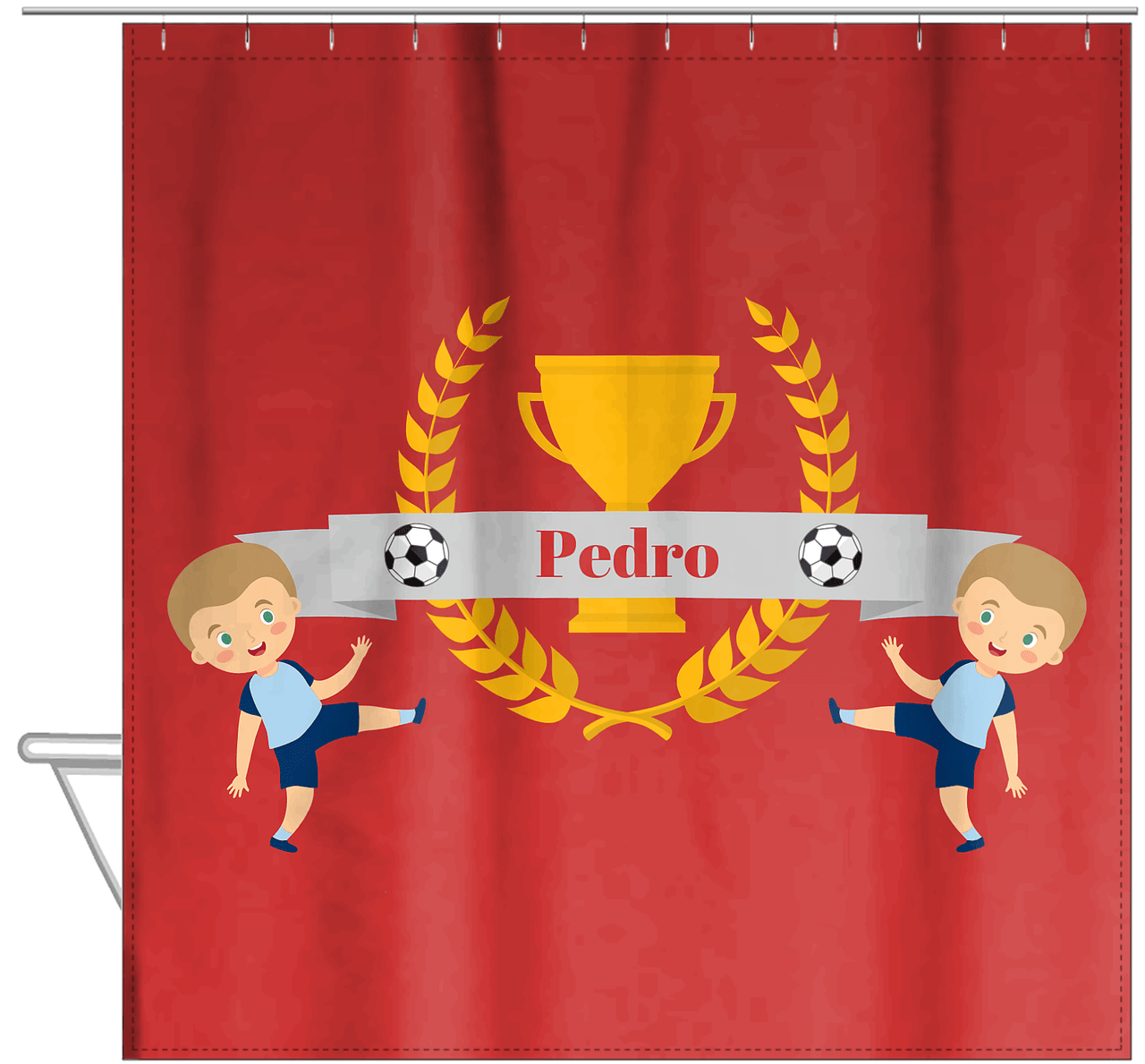 Personalized Soccer Shower Curtain XXIX - Red Background - Blond Boy II - Hanging View