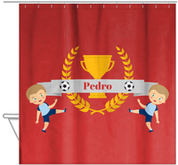 Thumbnail for Personalized Soccer Shower Curtain XXIX - Red Background - Blond Boy II - Hanging View