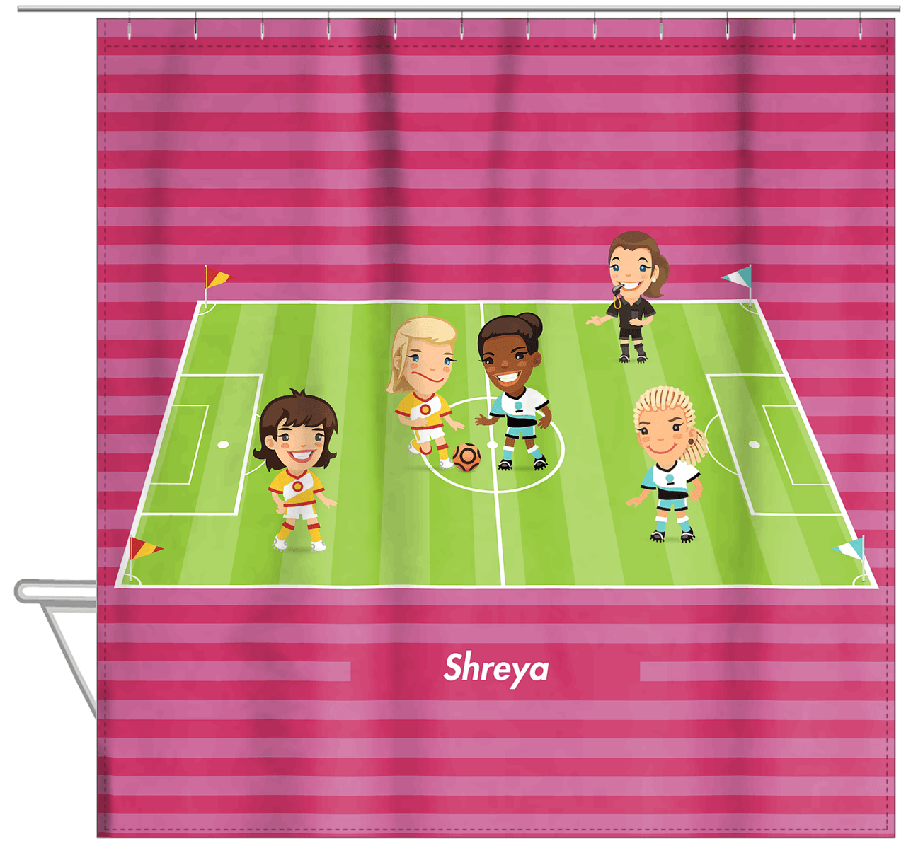 Personalized Soccer Shower Curtain XXXI - Girls Teams - Pink Background - Hanging View