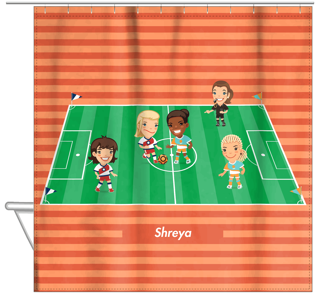 Personalized Soccer Shower Curtain XXXI - Girls Teams - Orange Background - Hanging View