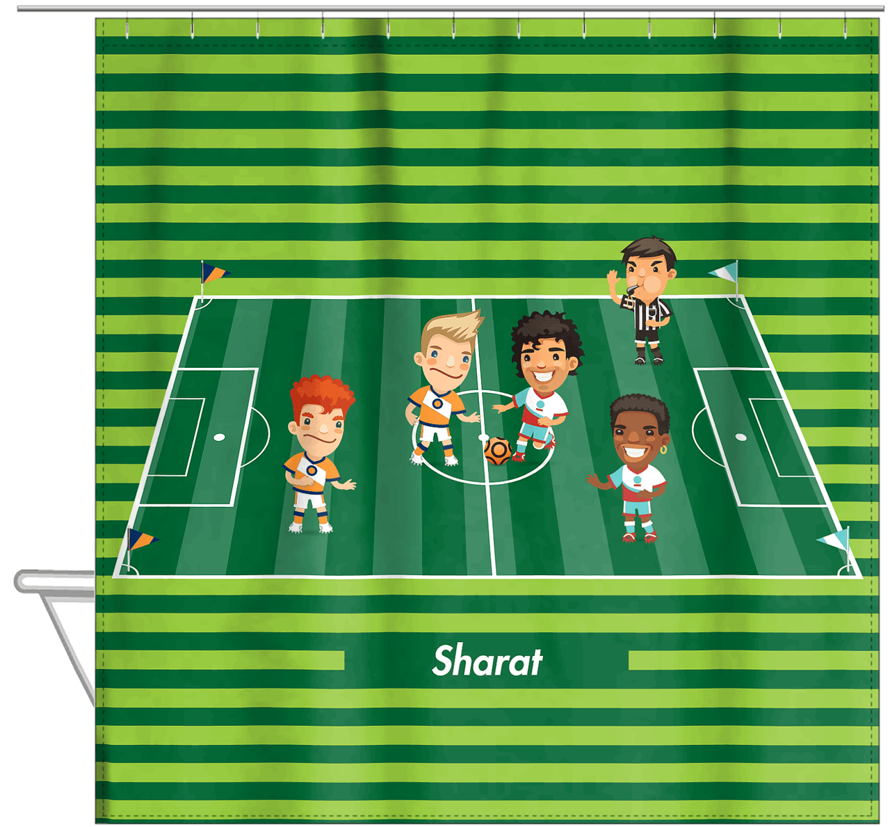 Personalized Soccer Shower Curtain XXXII - Boys Teams - Green Background - Hanging View