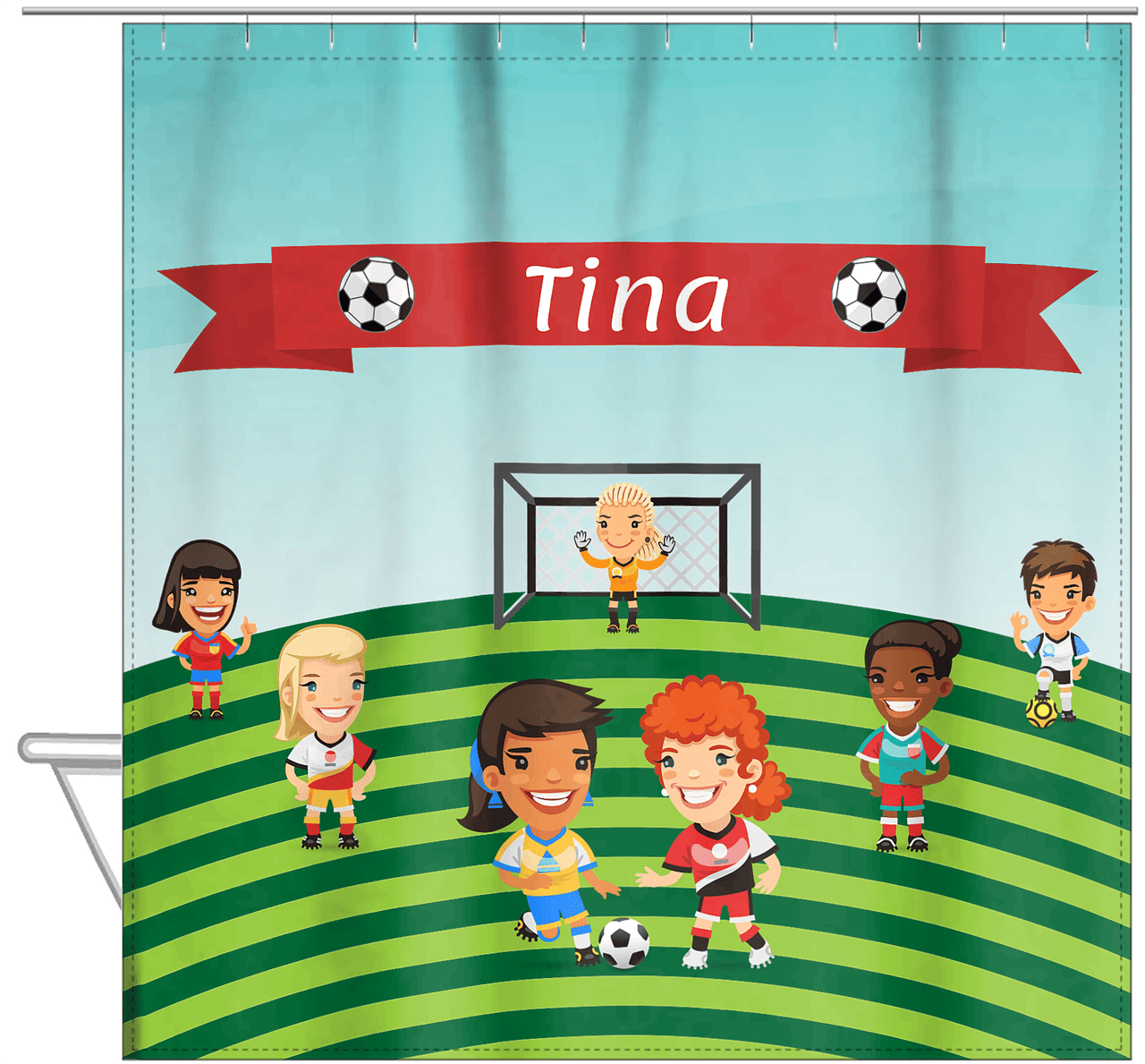Personalized Soccer Shower Curtain XXXIII - Girls Team - Green Field - Hanging View