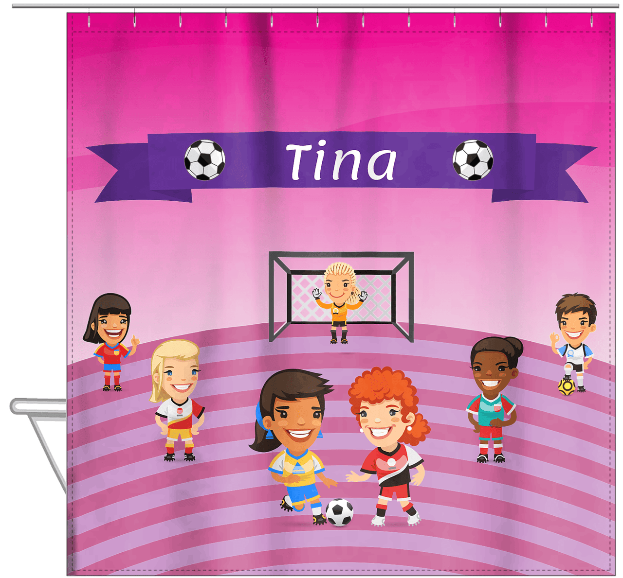 Personalized Soccer Shower Curtain XXXIII - Girls Team - Purple Field - Hanging View