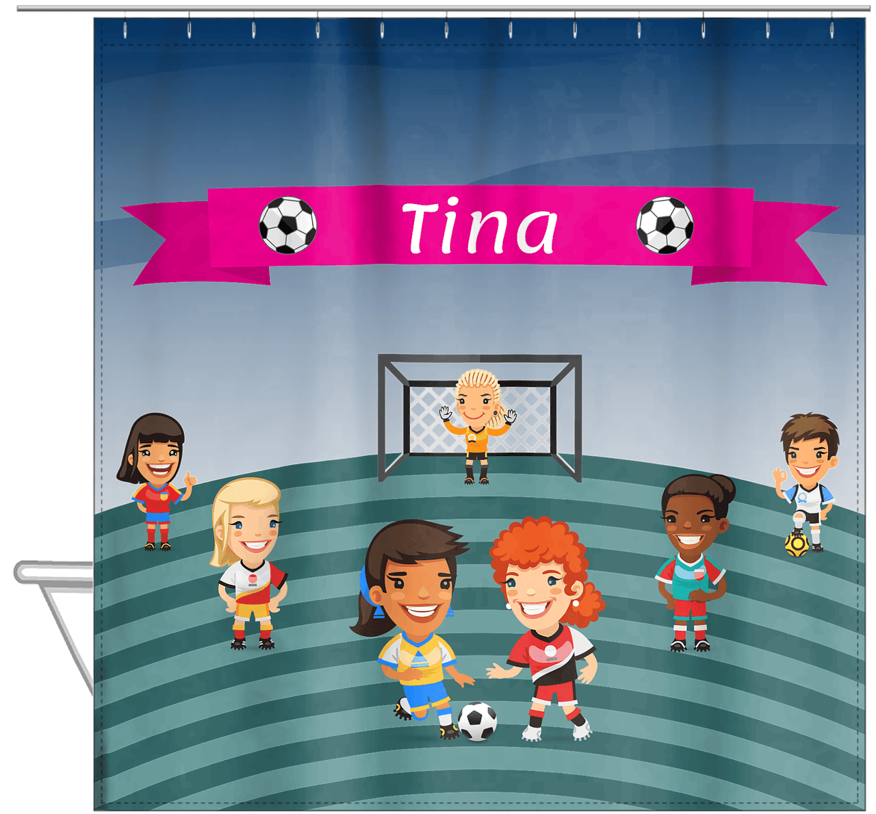 Personalized Soccer Shower Curtain XXXIII - Girls Team - Teal Field - Hanging View