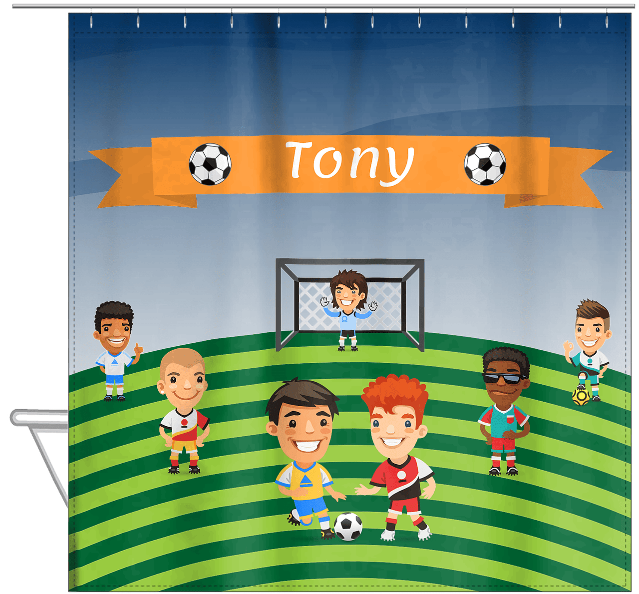 Personalized Soccer Shower Curtain XXXIV - Boys Team - Green Field - Hanging View