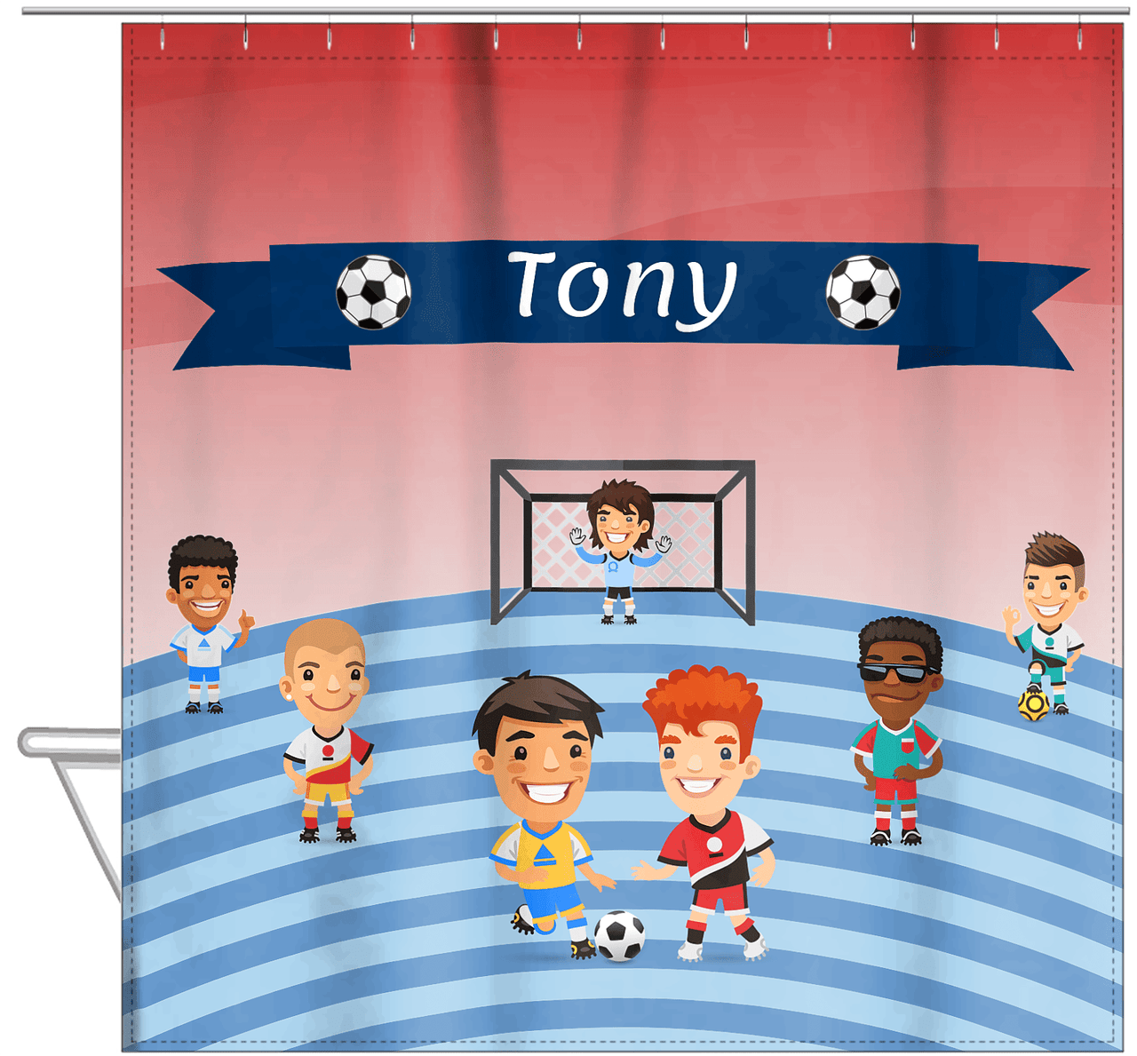 Personalized Soccer Shower Curtain XXXIV - Boys Team - Blue Field - Hanging View
