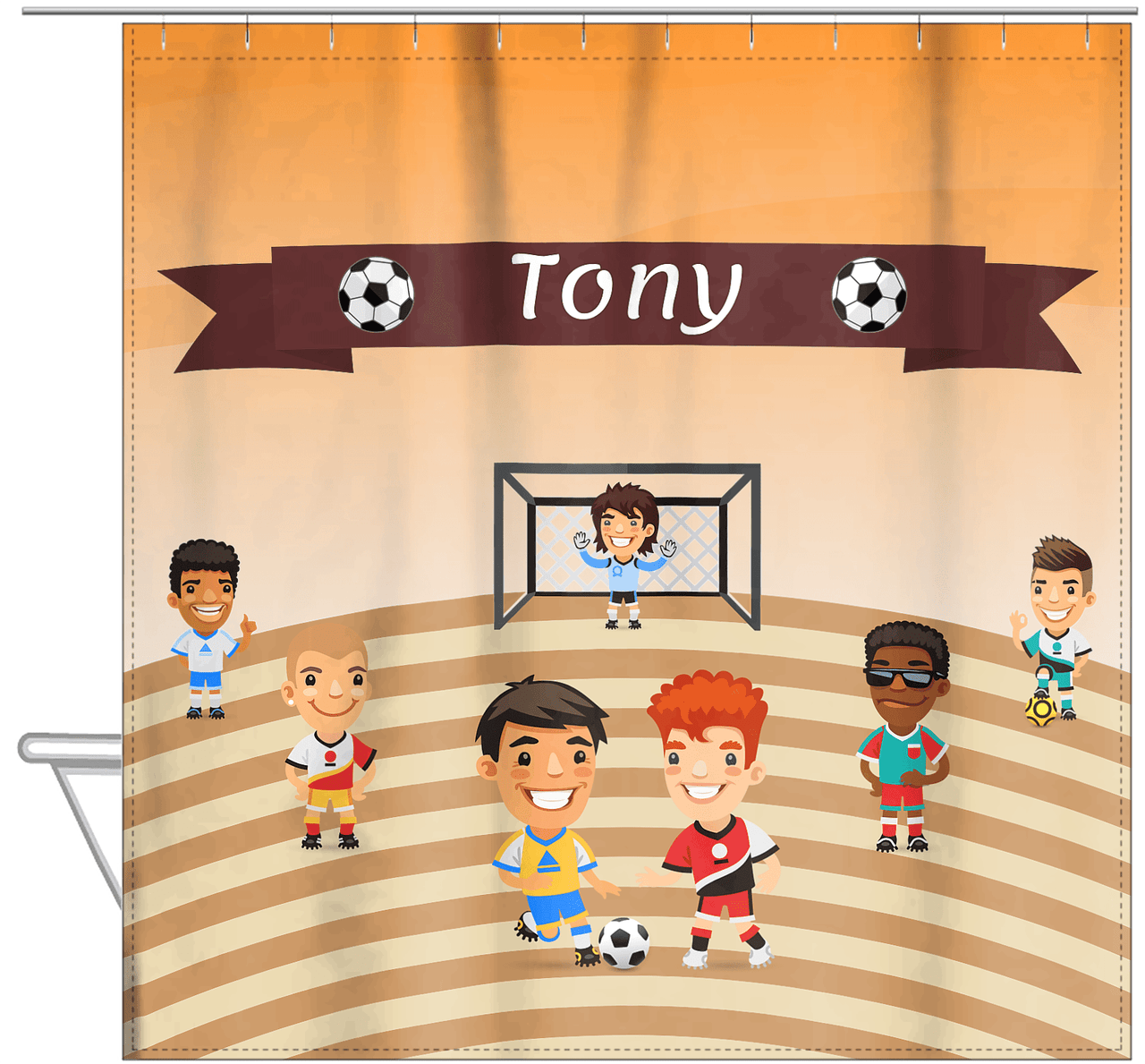Personalized Soccer Shower Curtain XXXIV - Boys Team - Brown Field - Hanging View
