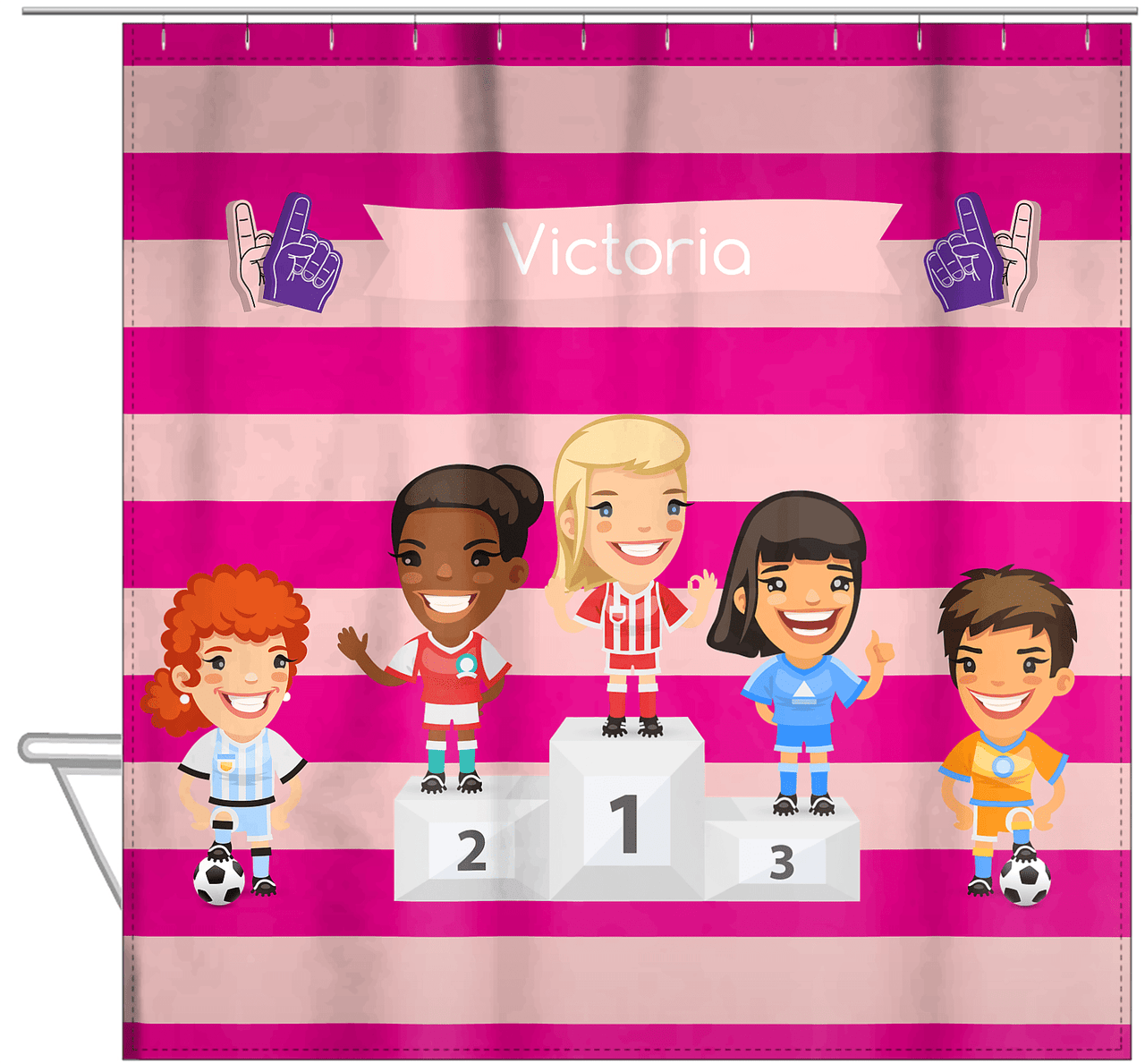 Personalized Soccer Shower Curtain XXXV - Pink Background - Blonde Girl - Hanging View