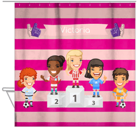Thumbnail for Personalized Soccer Shower Curtain XXXV - Pink Background - Blonde Girl - Hanging View