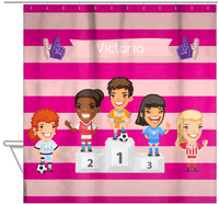 Thumbnail for Personalized Soccer Shower Curtain XXXV - Pink Background - Brunette Girl II - Hanging View
