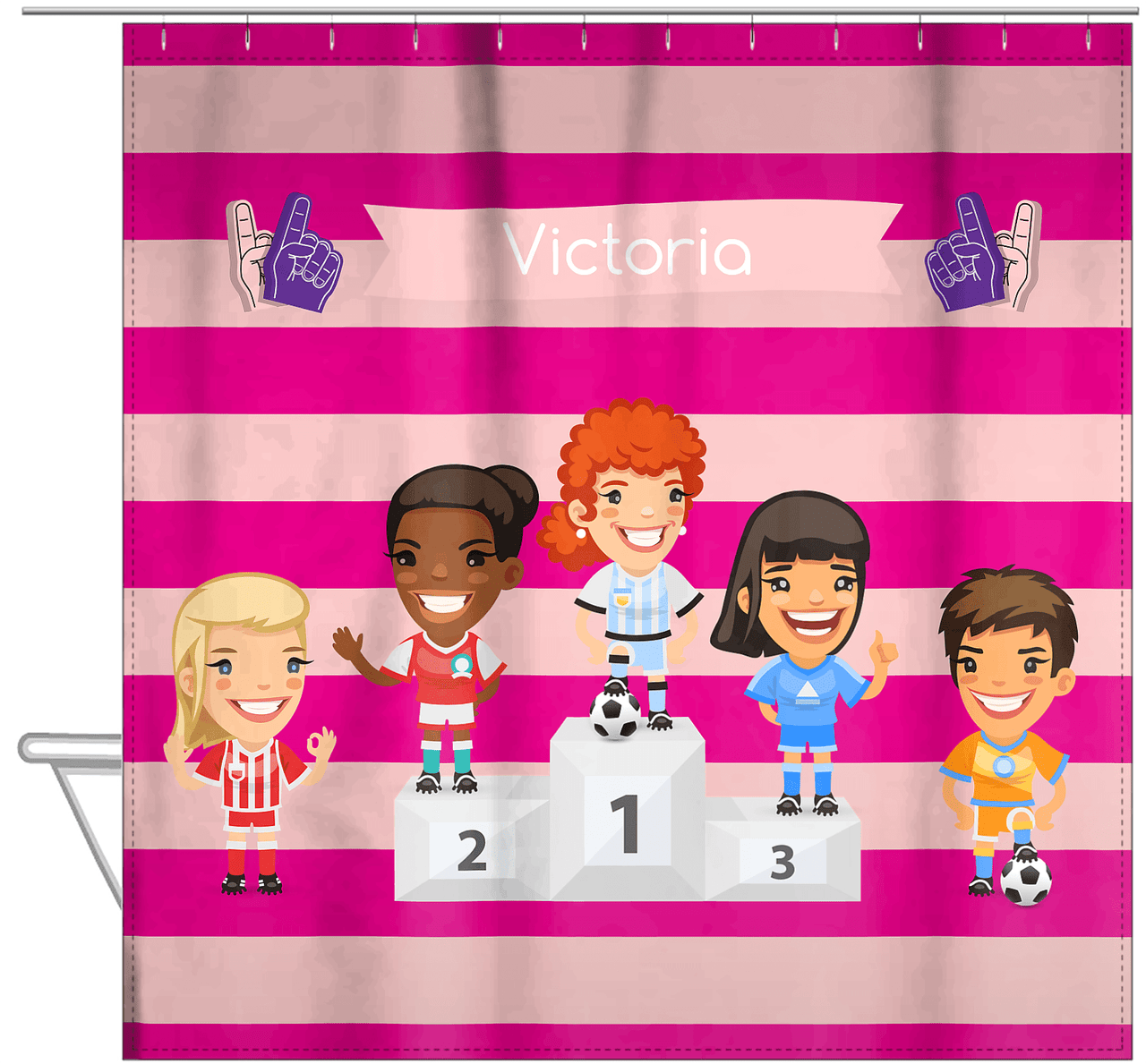 Personalized Soccer Shower Curtain XXXV - Pink Background - Redhead Girl - Hanging View