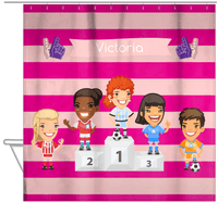 Thumbnail for Personalized Soccer Shower Curtain XXXV - Pink Background - Redhead Girl - Hanging View