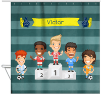 Thumbnail for Personalized Soccer Shower Curtain XXXVI - Teal Background - Blond Boy - Hanging View