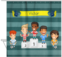 Thumbnail for Personalized Soccer Shower Curtain XXXVI - Teal Background - Black Boy - Hanging View
