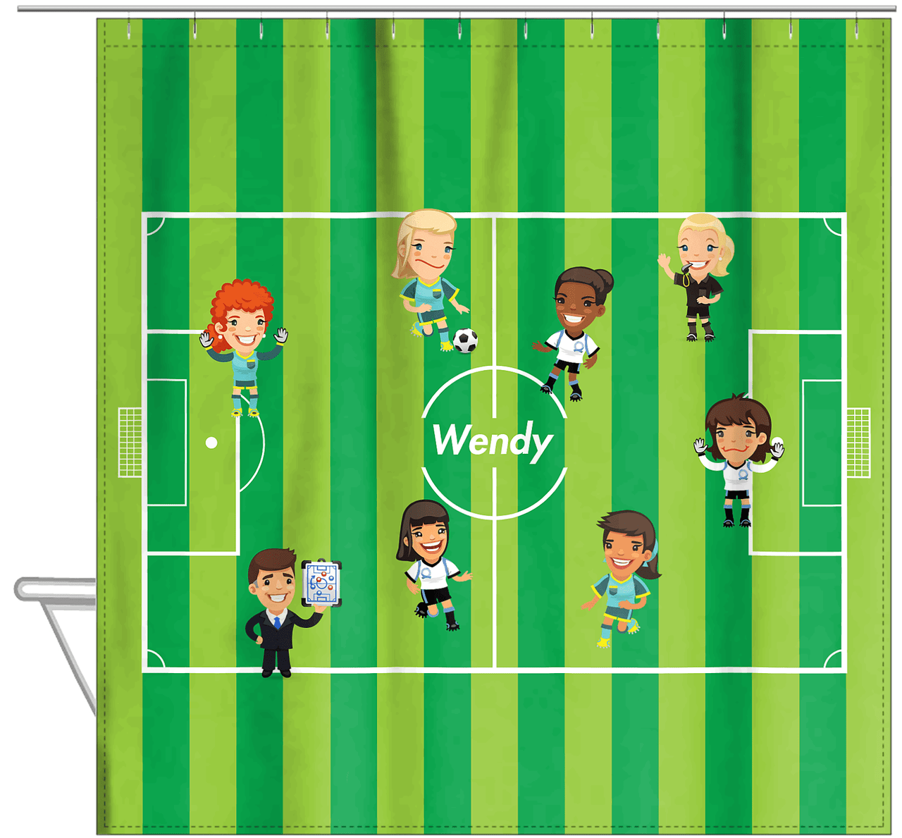 Personalized Soccer Shower Curtain XXXVII - Girls - Green Field - Hanging View
