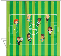 Thumbnail for Personalized Soccer Shower Curtain XXXVII - Girls - Green Field - Hanging View