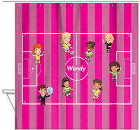 Thumbnail for Personalized Soccer Shower Curtain XXXVII - Girls - Pink Field - Hanging View