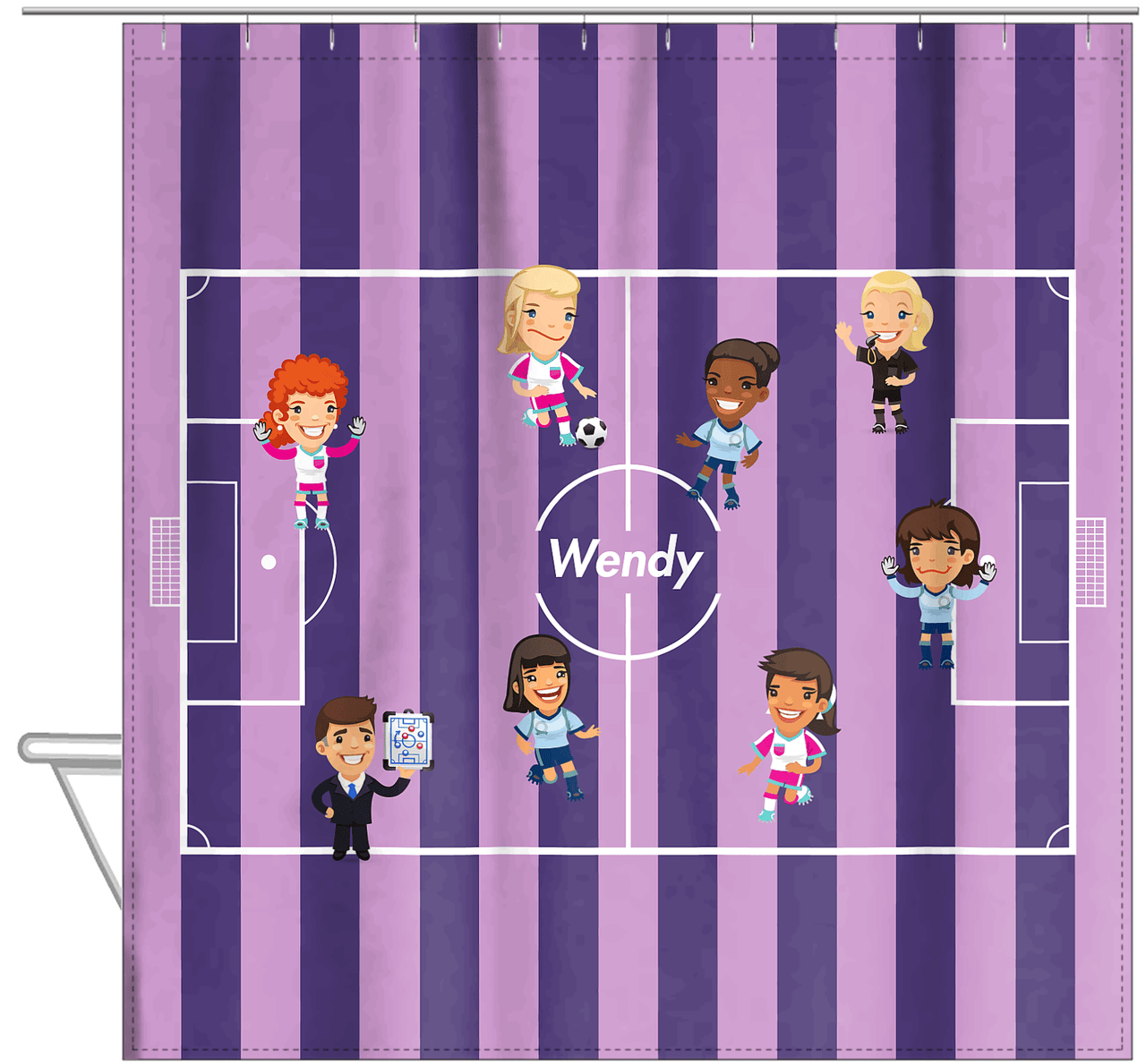 Personalized Soccer Shower Curtain XXXVII - Girls - Purple Field - Hanging View