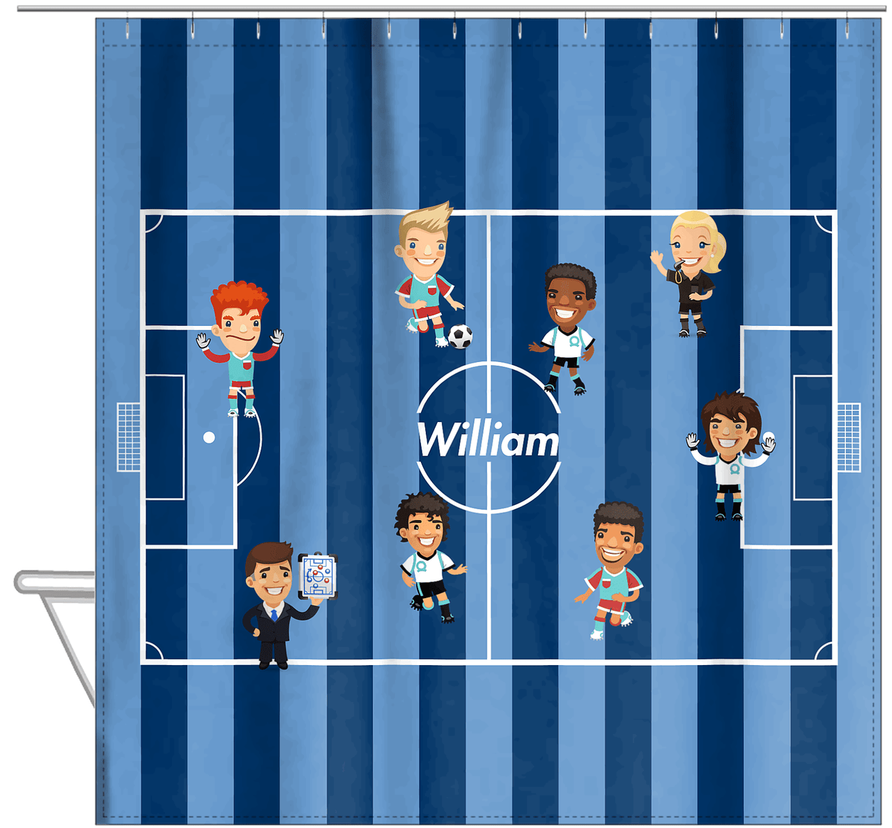 Personalized Soccer Shower Curtain XXXVIII - Boys - Blue Field - Hanging View