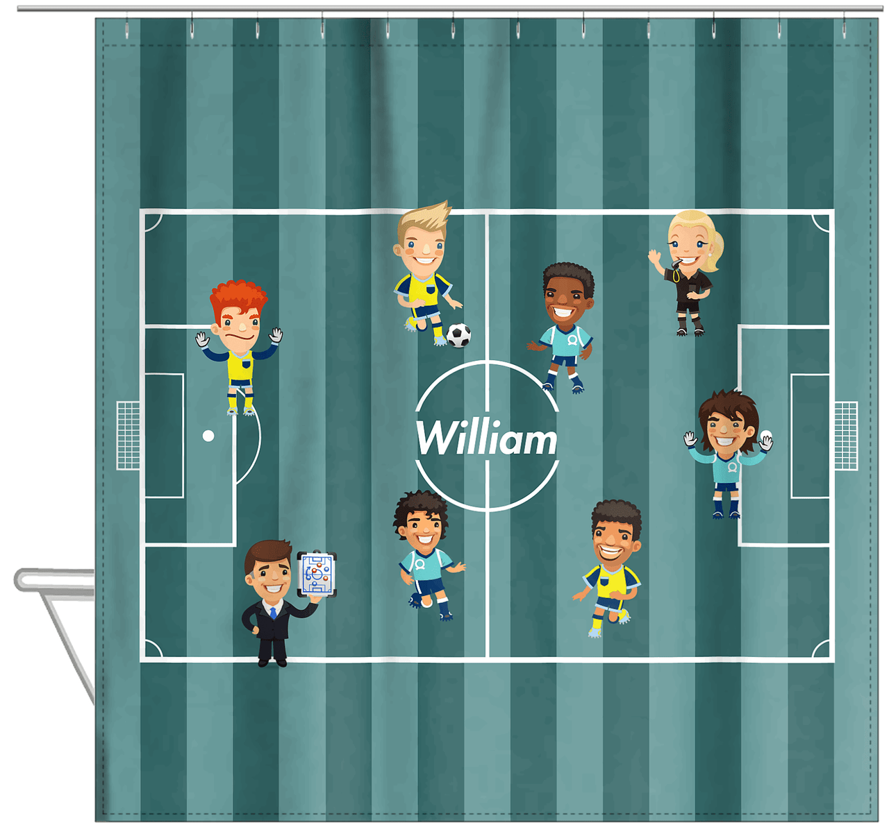 Personalized Soccer Shower Curtain XXXVIII - Boys - Teal Field - Hanging View