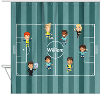 Thumbnail for Personalized Soccer Shower Curtain XXXVIII - Boys - Teal Field - Hanging View
