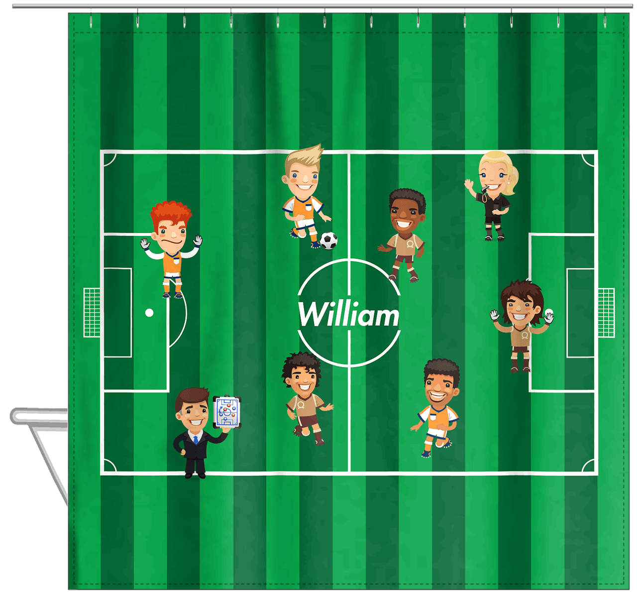 Personalized Soccer Shower Curtain XXXVIII - Boys - Green Field - Hanging View
