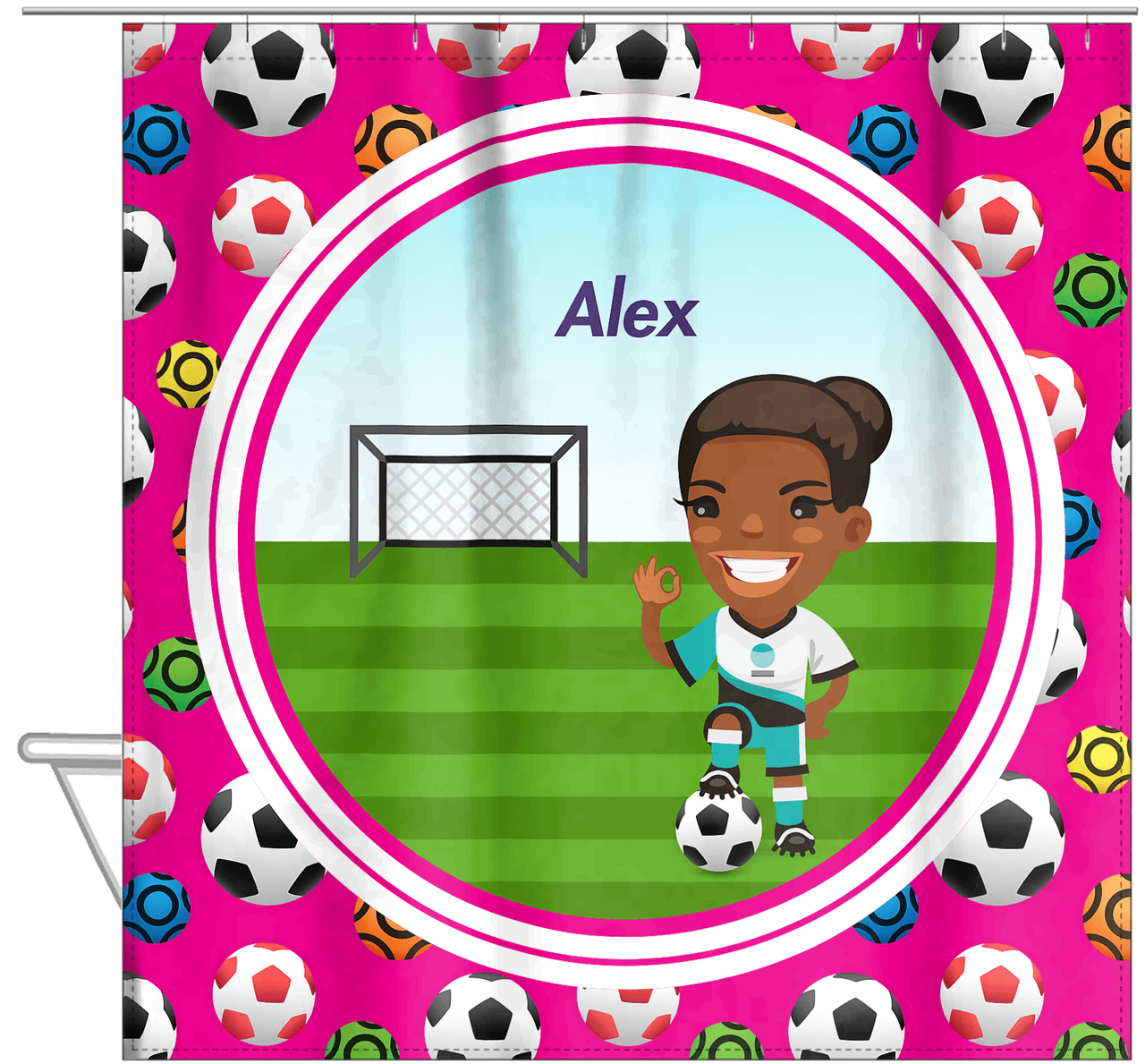 Personalized Soccer Shower Curtain XXXIX - Pink Background - Black Girl - Hanging View