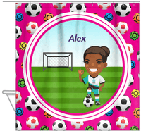 Thumbnail for Personalized Soccer Shower Curtain XXXIX - Pink Background - Black Girl - Hanging View
