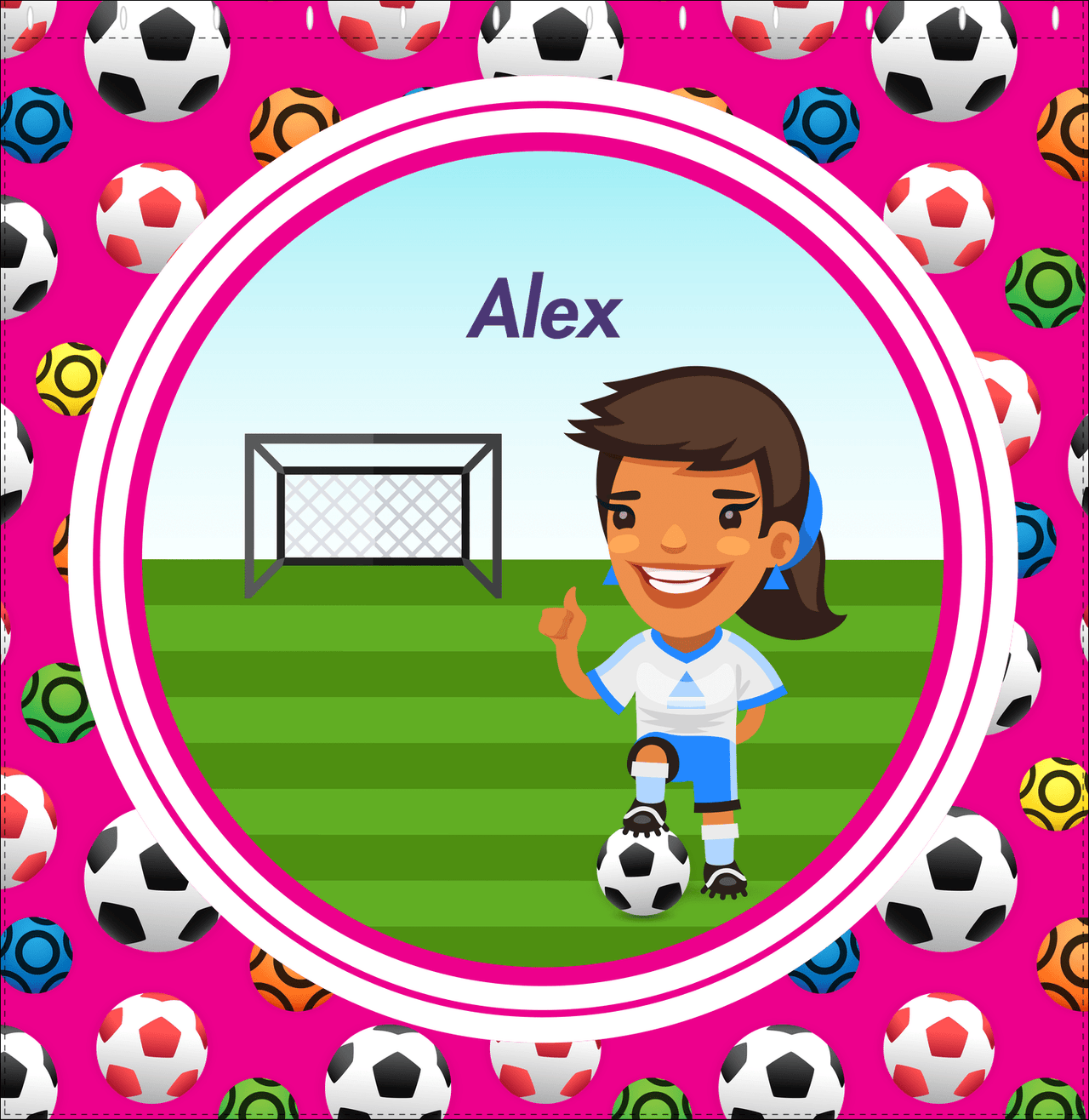 Personalized Soccer Shower Curtain XXXIX - Pink Background - Brunette Girl I - Decorate View