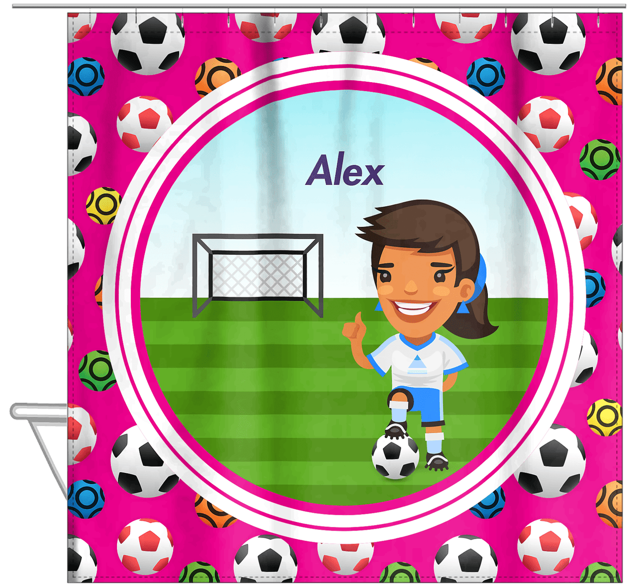 Personalized Soccer Shower Curtain XXXIX - Pink Background - Brunette Girl I - Hanging View
