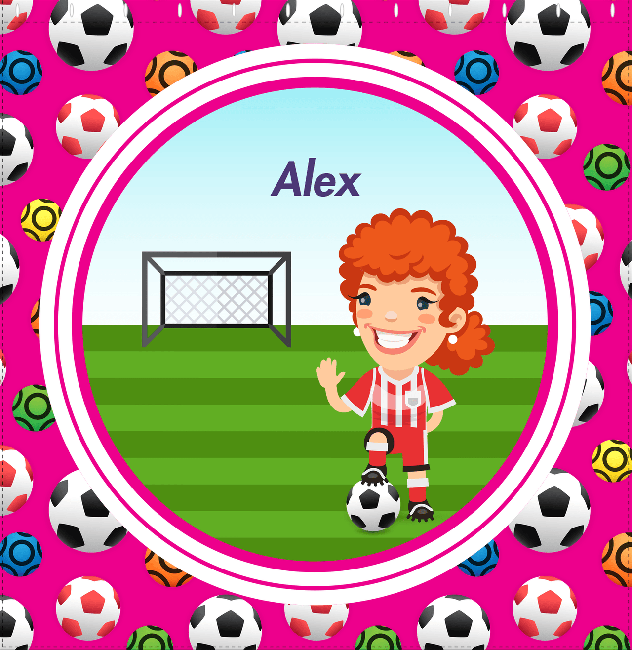 Personalized Soccer Shower Curtain XXXIX - Pink Background - Redhead Girl - Decorate View