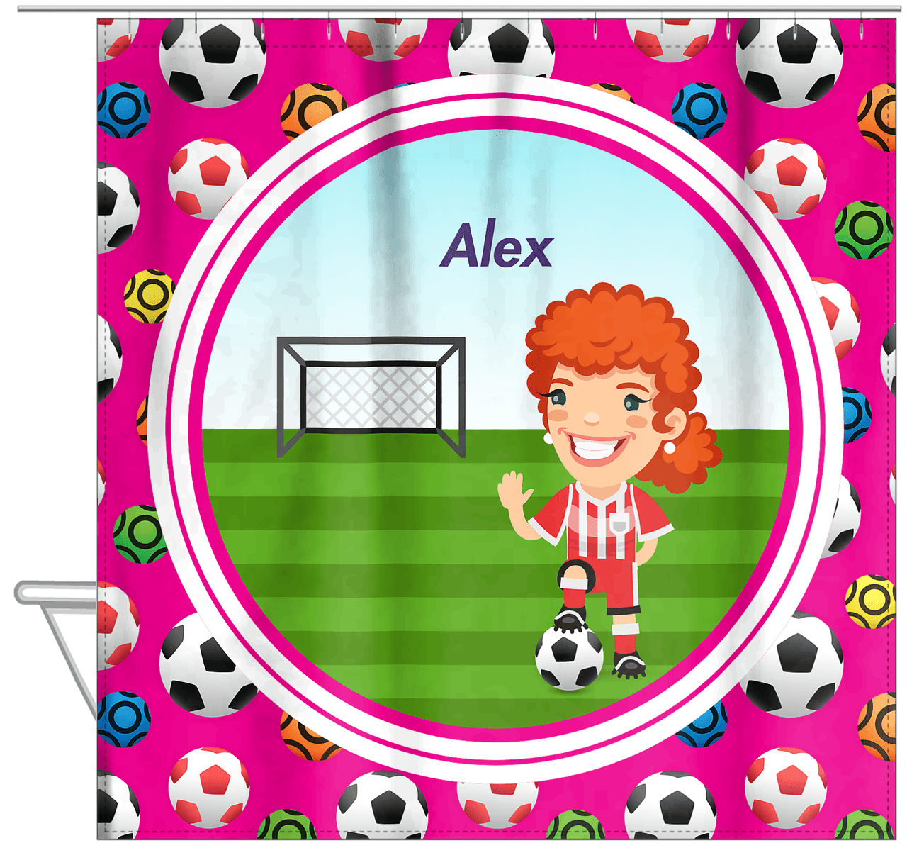 Personalized Soccer Shower Curtain XXXIX - Pink Background - Redhead Girl - Hanging View