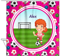 Thumbnail for Personalized Soccer Shower Curtain XXXIX - Pink Background - Redhead Girl - Hanging View