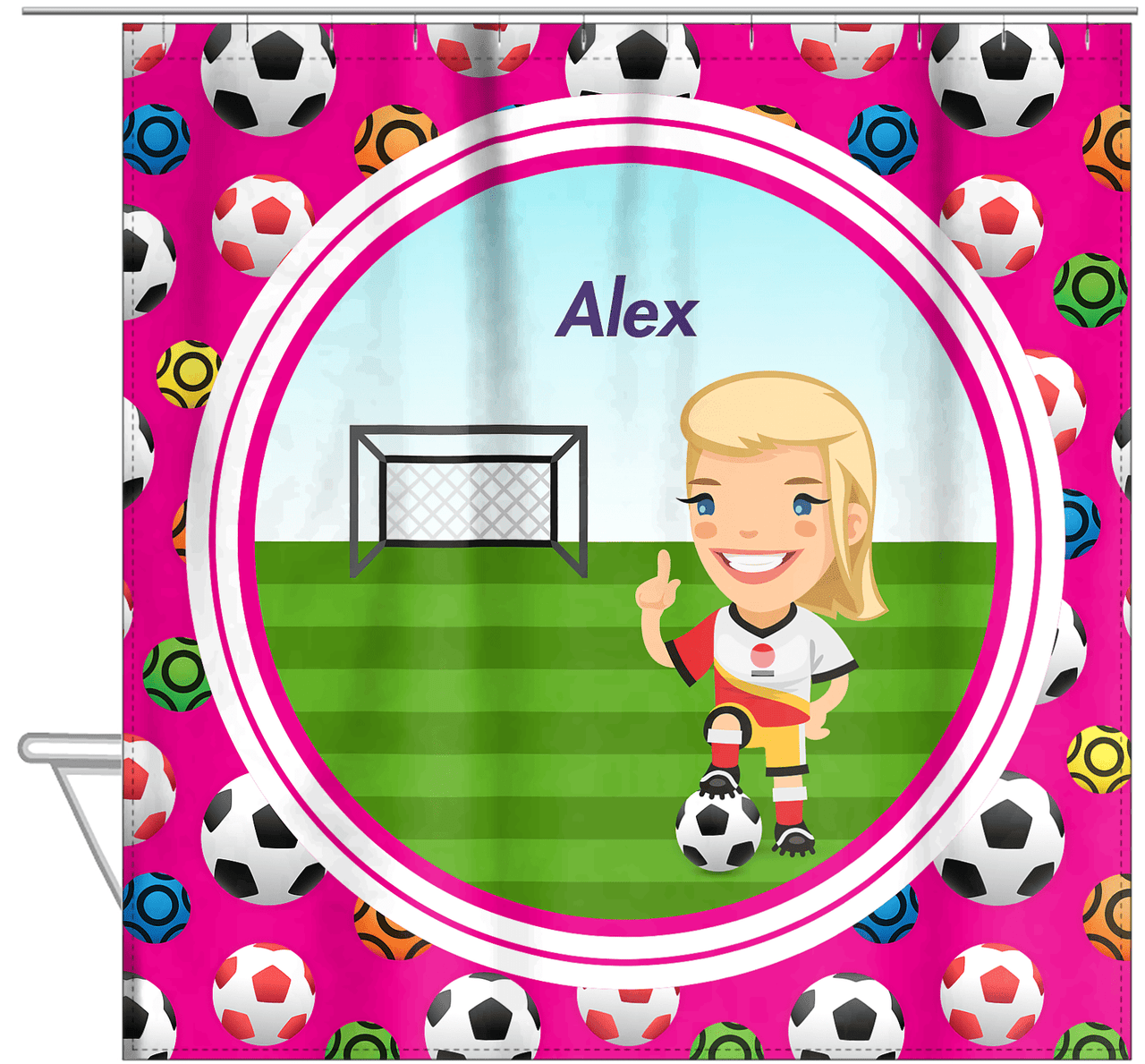 Personalized Soccer Shower Curtain XXXIX - Pink Background - Blonde Girl I - Hanging View