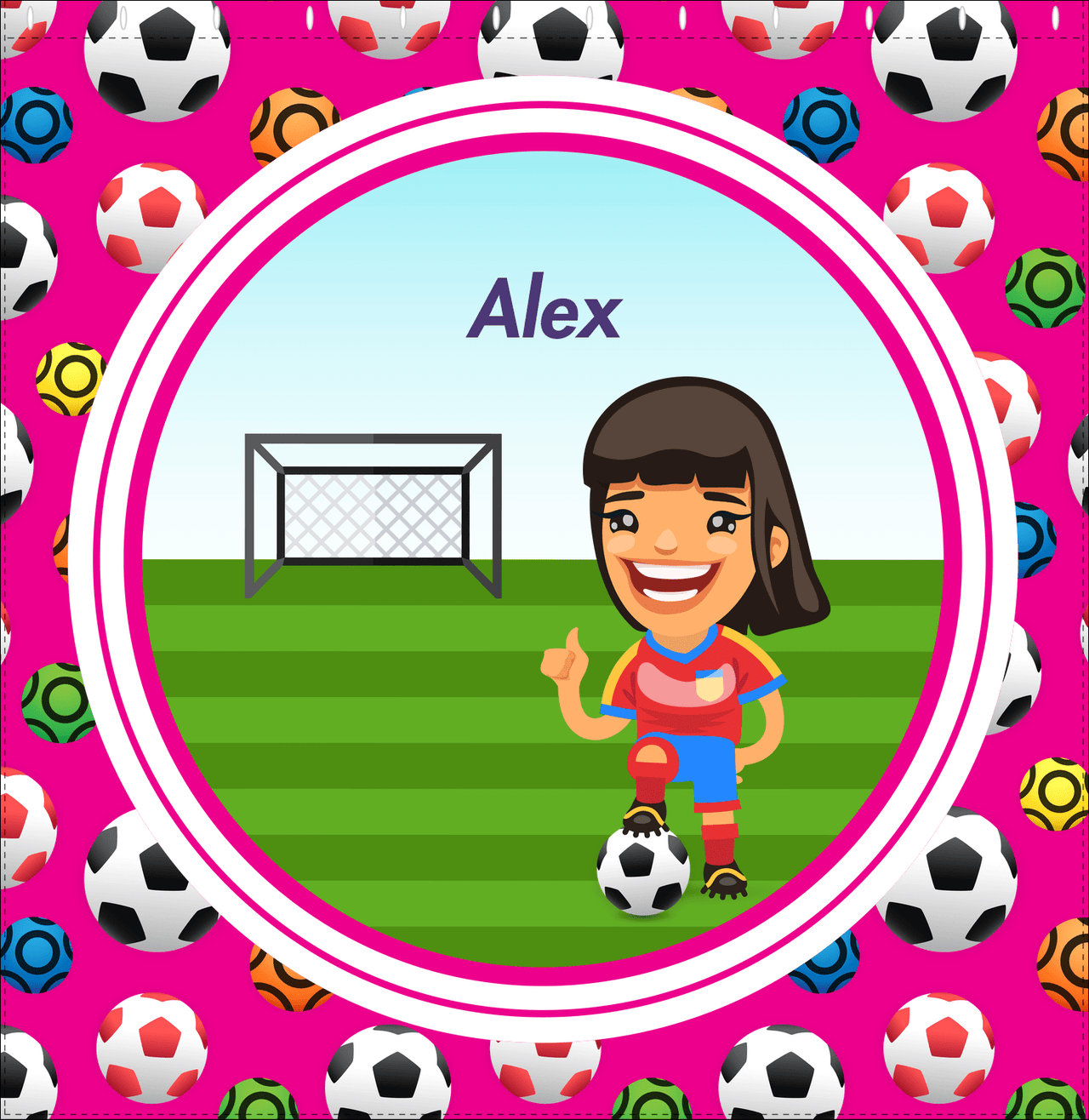 Personalized Soccer Shower Curtain XXXIX - Pink Background - Black Hair Girl - Decorate View