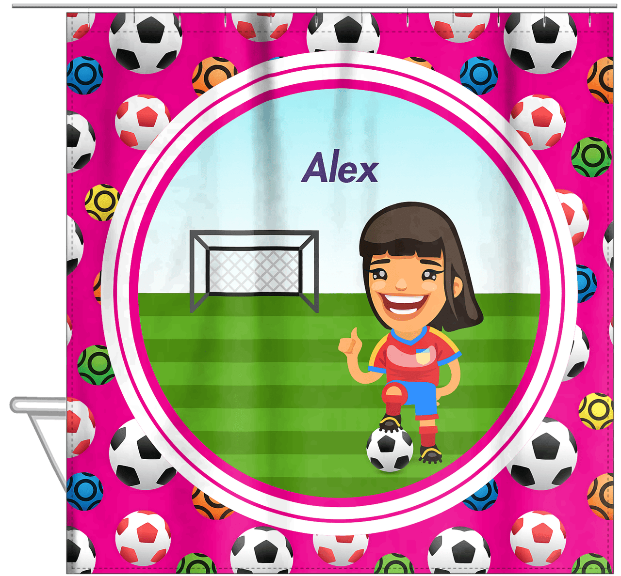 Personalized Soccer Shower Curtain XXXIX - Pink Background - Black Hair Girl - Hanging View