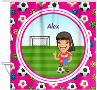 Thumbnail for Personalized Soccer Shower Curtain XXXIX - Pink Background - Black Hair Girl - Hanging View