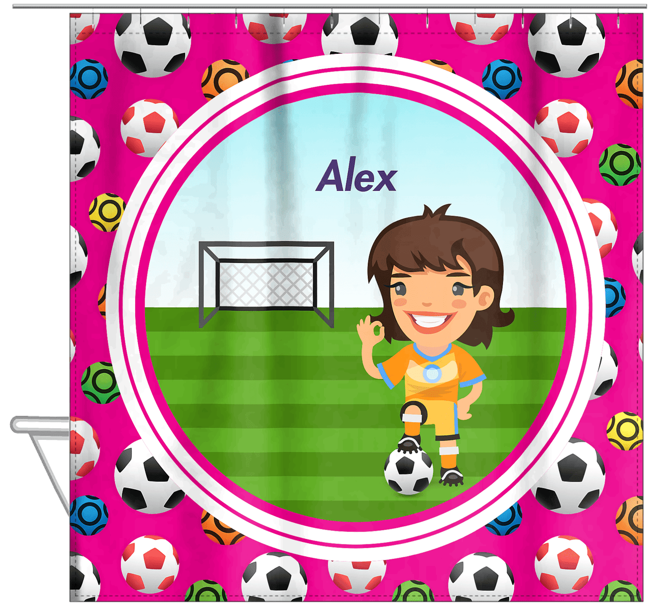 Personalized Soccer Shower Curtain XXXIX - Pink Background - Brunette Girl II - Hanging View