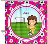 Thumbnail for Personalized Soccer Shower Curtain XXXIX - Pink Background - Brunette Girl II - Hanging View