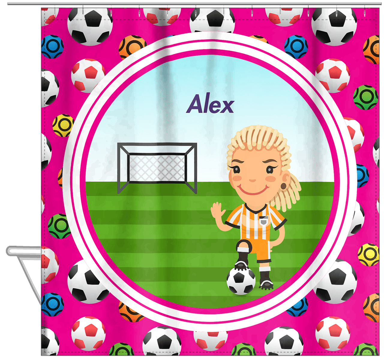 Personalized Soccer Shower Curtain XXXIX - Pink Background - Blonde Girl II - Hanging View