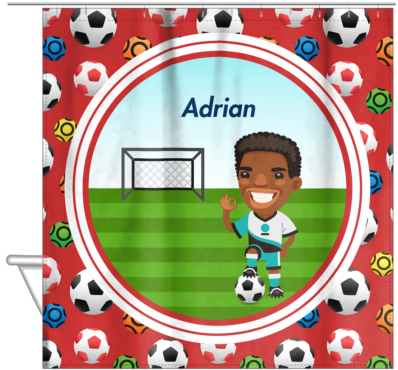 Personalized Soccer Shower Curtain XL - Red Background - Black Boy - Hanging View