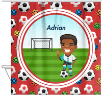 Thumbnail for Personalized Soccer Shower Curtain XL - Red Background - Black Boy - Hanging View
