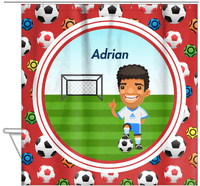 Thumbnail for Personalized Soccer Shower Curtain XL - Red Background - Brown Hair Boy I - Hanging View