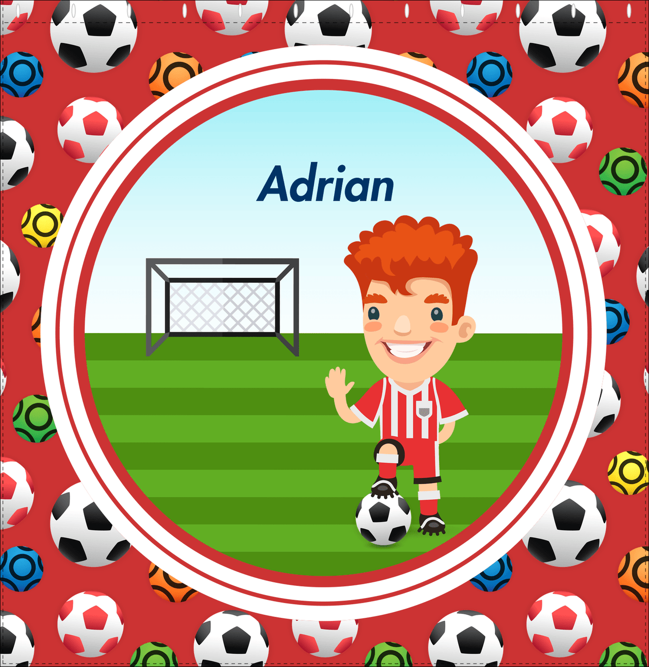 Personalized Soccer Shower Curtain XL - Red Background - Redhead Boy - Decorate View